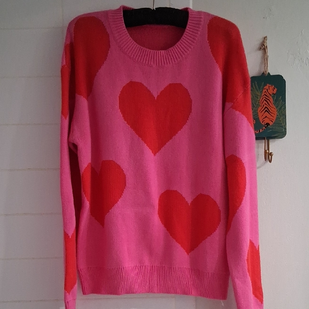 Chicwish Pink and Red Heart Sweater